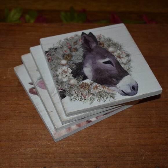 4pc Farmhouse Christmas Winter Holiday Barn Animals Wood Drink Coaster Set - Picture 5 of 10